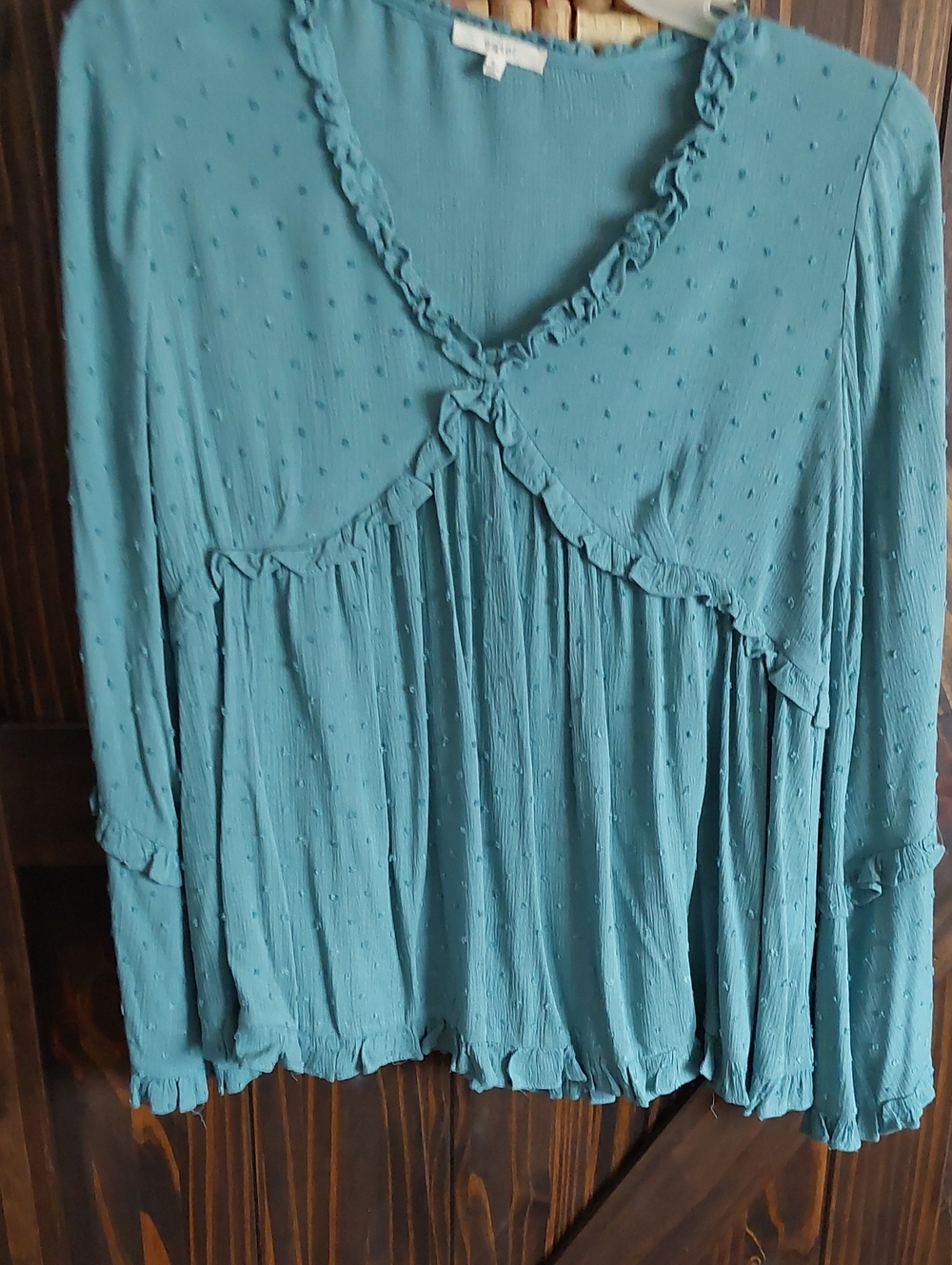 Easel Women’s Teal Ruffled Swiss Dot Blouse Sz Small